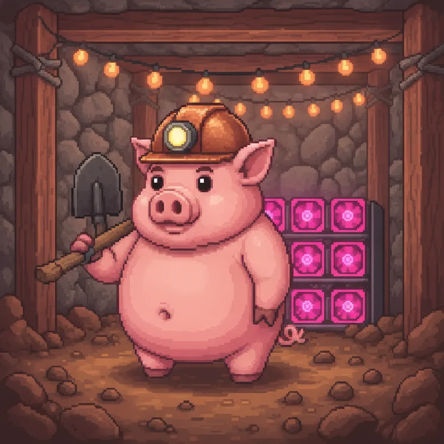 A pixel-art pink pig miner with a copper hard hat and a shovel in a muddy mine